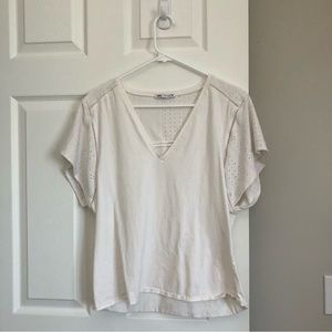 Zara White V-Neck Short Sleeve Perforated Detail Top Women's Medium Basic